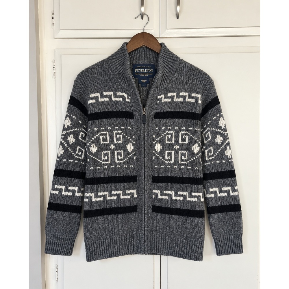 Pendleton Mens Large Lambswool Full Zip Cardigan Sweater Gray Geometric Pattern